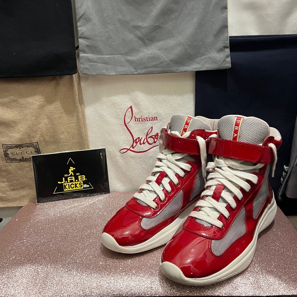 Prada Red and White High-Top Sneakers